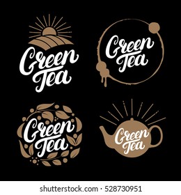 Set of Green Tea hand written lettering logos, labels, badge, emblem. Isolated on black background. Vector illustration.