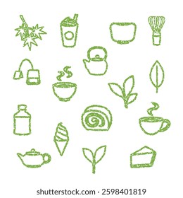 Set of green tea icons, hand drawn style, vector illustration