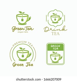 Set of green tea logo design template. Illustration of herbal green tea