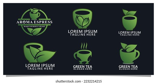 Set green tea logo design with simple concept Premium Vector