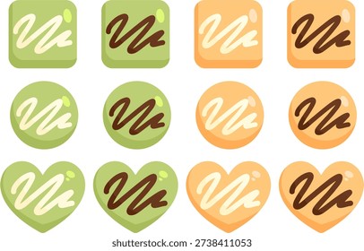 a set of Green Tea Matcha Orange Citrus Love Dark Chocolate White Vanilla Drizzle Bites Milk Heart Desserts Illustration Vector Clip Art