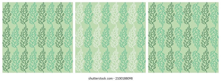 Set of green templates for textile print, invitations, greetings, wrapping paper. Seamless patterns in line style.