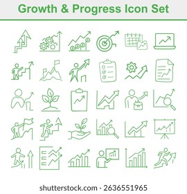 Set of green thin line icons featuring growth related concepts like upward arrows, progress charts, financial targets and symbols on a white background.