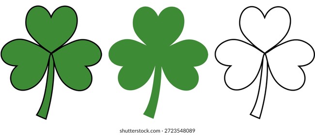 Set Of a Green Three Leaves Clover Illustration on A Transparent Background, Shamrocks for St. Patrick's Day