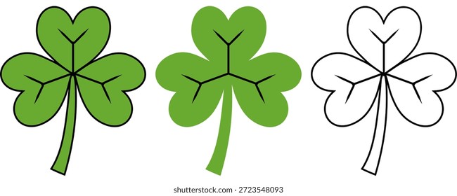 Set Of a Green Three Leaves Clover Illustration on A Transparent Background, Shamrocks for St. Patrick's Day