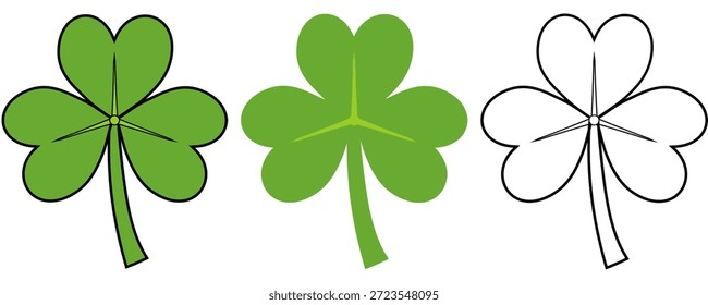 Set Of a Green Three Leaves Clover Illustration on A Transparent Background, Shamrocks for St. Patrick's Day