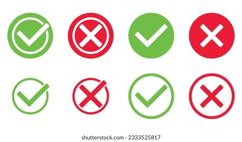 set of green tick and red x in circle, OK check mark and X cross icon symbol, vector illustration isolated on a white background