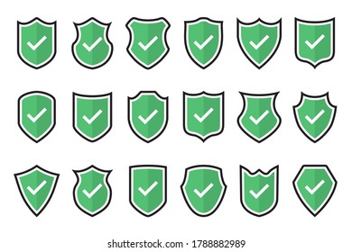 Set of green tick shield icons in a flat design