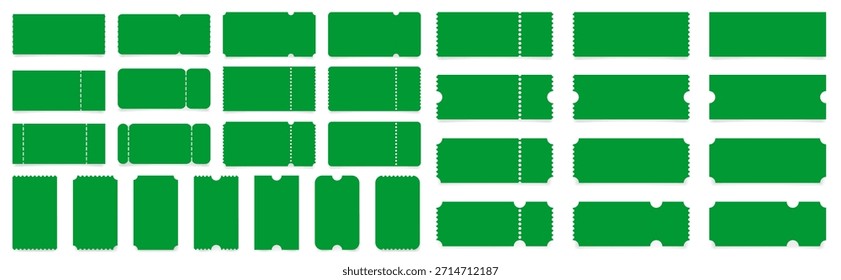 Conjunto de maquetas de boleto verde con bordes de volantes y sombras. Plantilla vacía. Entrada para conciertos, películas o teatro. Embarque en blanco, lotería, Cupón de venta.