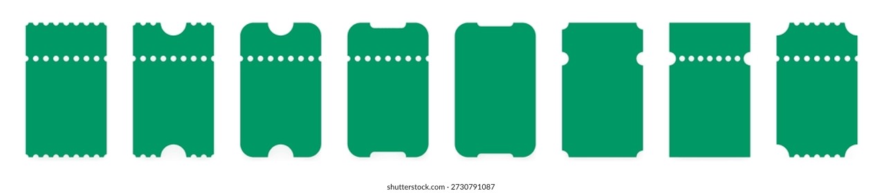 Set of green ticket mockups with ruffle edges and shadows. Small vertical empty templates. Concert, movie or theater ticket. Boarding blank, lottery, sale coupon