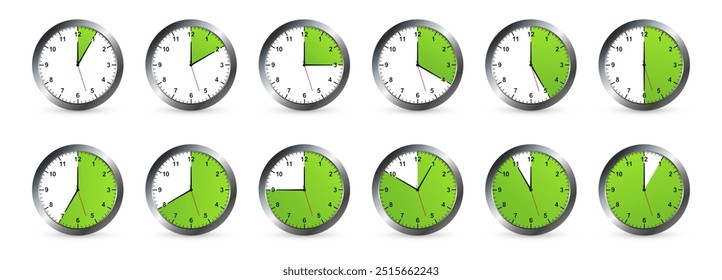 Set of green timers on white background.  Timer, clock, stopwatch isolated set icons. Kitchen timer icon with different minutes. Vector illustration