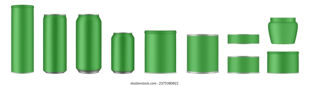 Set of green tin cans and jars. Coffee or tea canister. Tin can for preserves or pet food. Beer, cocktail or soda can. Chips tube. Cookie jar. Round box for sugar or flour