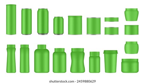 Set of green tin cans and jars. Coffee or tea canister. Tin can for preserves or pet food. Beer, cocktail or soda can. Chips tube. Cookie jar. Round box for sugar or flour