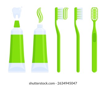Set of green toothpaste tubes and toothbrushes with paste on bristles. Dental care, hygiene, oral health, and personal care concept. Flat vector illustration isolated on white background