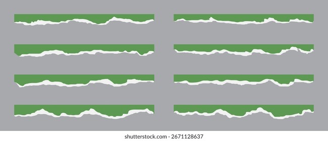 Set of green torn paper strips with rough ripped edges for creative design projects. Realistic ripped sheet effect perfect for banners, backgrounds, and layouts. Vector torn border collection.
