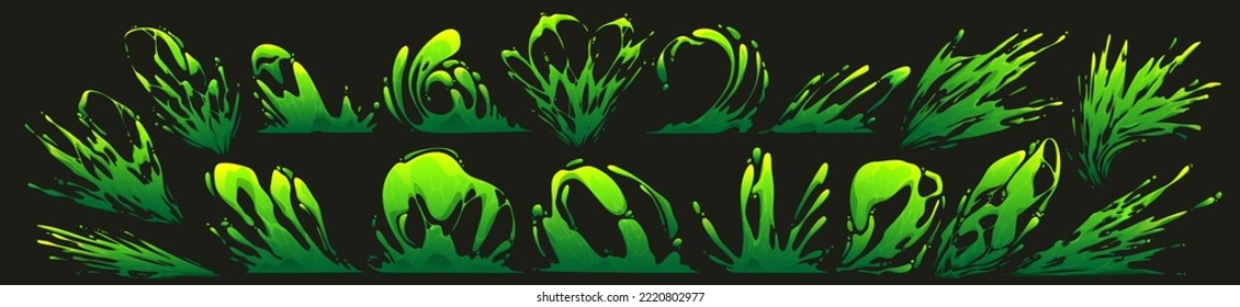 Conjunto de salpicaduras de líquido tóxico verde, limo o pintura aisladas sobre fondo negro. Ilustración vectorial de dibujos animados de sustancias venenosas derramadas sobre la superficie, goteo pegajoso, elementos de diseño de salpicaduras de gelatina