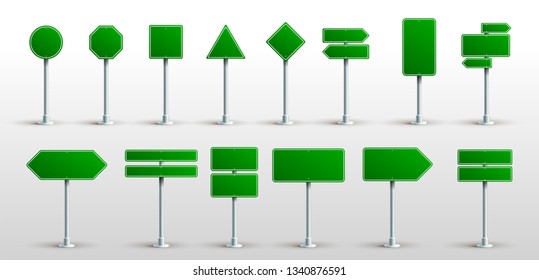 Set Of Green Traffic Signs. Road Board Text Panel, Mockup Signage Direction Highway City Signpost Location Street Arrow Way. Vector. Illustration. Isolated On White Background.