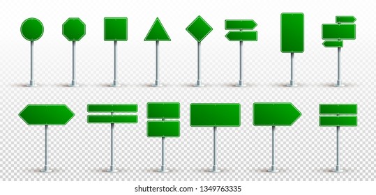 Set Of Green Traffic Signs. Road Board Text Panel, Mockup Signage Direction Highway City Signpost Location Street Arrow Way. Vector. Illustration. Isolated On Transparent Background.