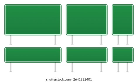 A set of green traffic signs with white borders and metal poles, displayed against a white background. The signs are in horizontal and vertical orientation.