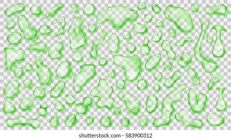 Set of green translucent drops of different shapes with shadows, isolated on transparent background. Transparency only in vector file