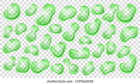 Set of green translucent water drops of different shapes with shadows, isolated on transparent background. Transparency only in vector format