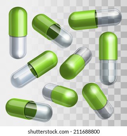 Set of green and transparent medical capsules in different positions Vector illustration