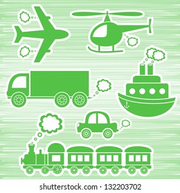 set of green transport icons on green background