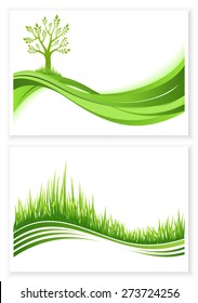 Set of green tree and grass growth vector eco concept. Nature background. Collection abstract illustrations with copyspace.