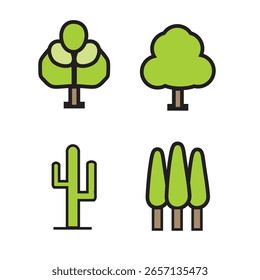 Um conjunto de ícones verdes de árvore, incluindo cactos, perfeito para projetos de animação