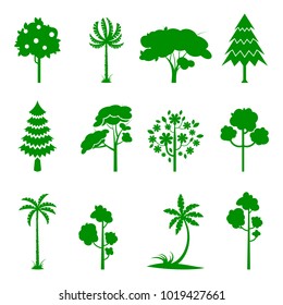 Set of green tree icons. Silhoutte of trees on a white background. Fruit tree, Pine forest, burgeoning tree, rainforest. Collection of design elements. Icons set.