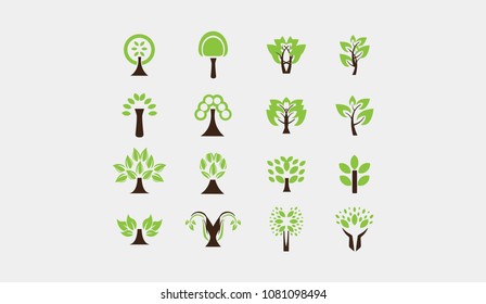 Set of Green Tree and Leaves Logo Template vector illustration design