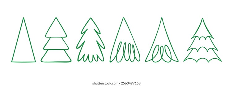 Set of Green Tree Line Art for Christmas, Camping, and Forest Themes. Hand-drawn Flat Vector Illustration.