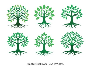 Set of Green Tree Logo Designs - Nature-Inspired Minimalistic Illustrations