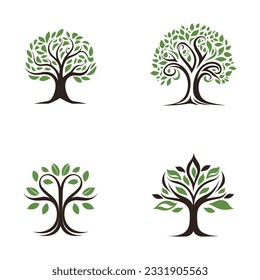 Set of green tree logo or icon isolated on white background