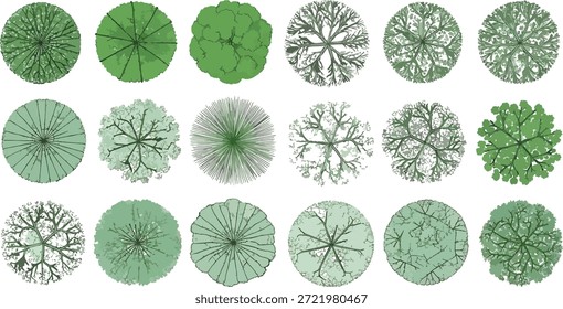 Conjunto de símbolos de vista superior árvore verde para o plano arquitetônico da paisagem, ícones da arte da linha da vegetação para o projeto do jardim e o mapeamento urbano..eps