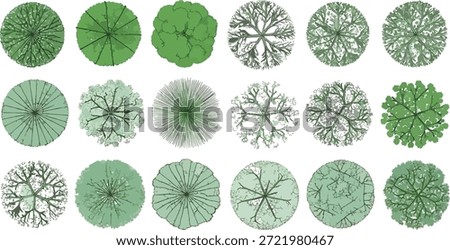 Set of green tree top view symbols for landscape architectural plan, vegetation line art icons for garden design and urban mapping..eps