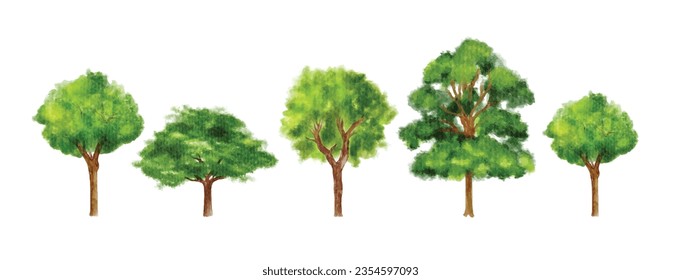 set of green tree watercolor vector illustration