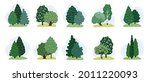 Set of green trees, bushes. Collection of deciduous and evergreen forest and park plants. Hand-drawn design elements for landscape. Cartoon vector illustration for game design.