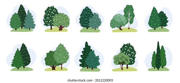 Set of green trees, bushes. Collection of deciduous and evergreen forest and park plants. Hand-drawn design elements for landscape. Cartoon vector illustration for game design.