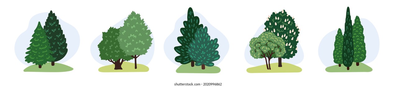 Set of green trees, bushes. Collection of deciduous and evergreen forest and park plants. Hand-drawn design elements for landscape. Cartoon vector illustration for game design. svg