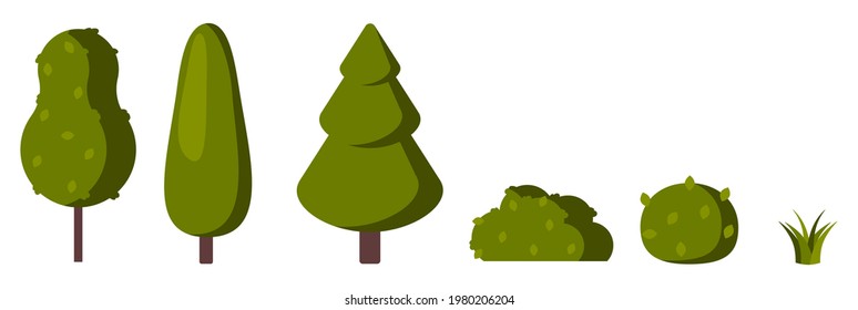   A set of green trees and bushes in a flat style. Coniferous trees and shrubs, grass and leaves to complement the illustration.