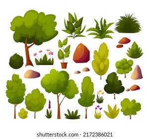 Set of green trees, bushes, grass, stones, blooming flower for landscaping the landscape of garden architecture, backyard, outdoors lawn. Collection with decorative bushes. Vector illustration