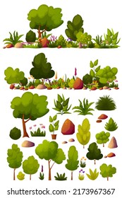 Set of green trees, bushes, grass, stones, blooming flower for landscaping the landscape of garden architecture, backyard, outdoors lawn. Collection with decorative bushes. Vector illustration