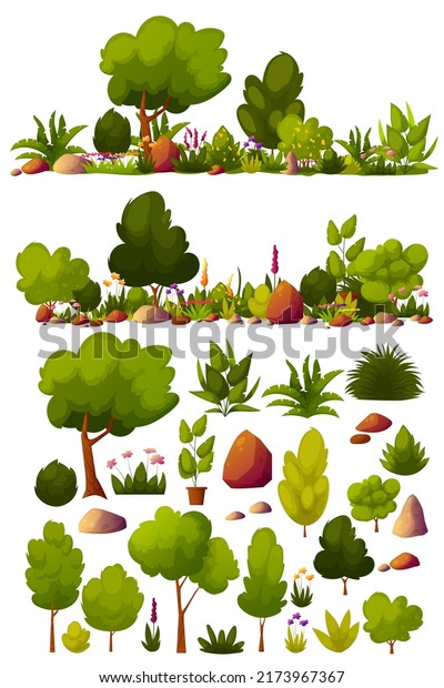 Set of green trees, bushes, grass, stones,\
blooming flower for landscaping the landscape of garden\
architecture, backyard, outdoors lawn. Collection with decorative\
bushes. Vector\
illustration