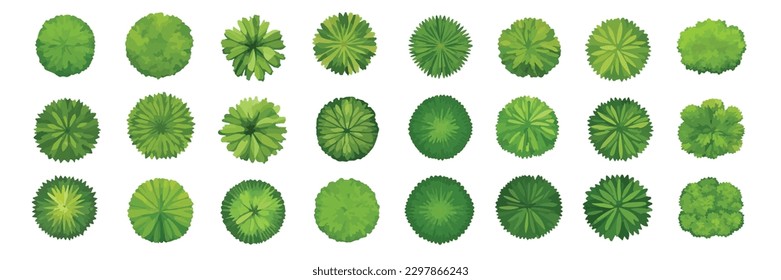 Set of green trees or bushes, top view, isolated on white background for landscape or architecture plan. Design elements for environment or garden map, vector illustration.