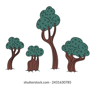 set of a green trees in cartoon style. Vector natural illustration isolated on white background.