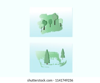 Set of green trees compositions background. Flat cards with decorations design. Templates for  banner, social media network. Vector illustration.