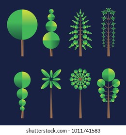 Set of green trees of different details with a gradient and leaves