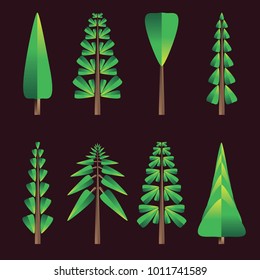 Set of green trees of different details with a gradient and leaves