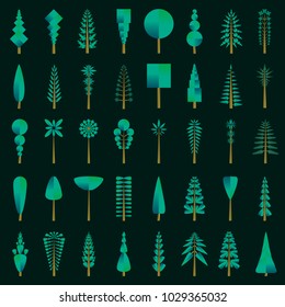 Set of green trees of different details with a gradient and leaves